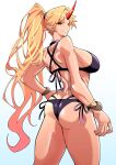  1girl ass bikini black_bikini blonde_hair blue_background bracelet breasts commentary_request cowboy_shot from_behind fugaku_(miko_no_miyatsuguchi) gradient_background halterneck hand_on_own_hip highres horns hoshiguma_yuugi jewelry large_breasts long_hair looking_at_viewer looking_back oni oni_horns pointy_ears ponytail red_horns side-tie_bikini_bottom single_horn smile solo star_(symbol) swimsuit touhou very_long_hair white_background 