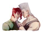  2608337875 2boys blue_eyes cherry_earrings earrings food-themed_earrings gakuran grey_hair hand_on_another&#039;s_cheek hand_on_another&#039;s_face highres jean_pierre_polnareff jewelry jojo_no_kimyou_na_bouken kakyoin_noriaki male_focus multiple_boys purple_eyes red_hair school_uniform stardust_crusaders sweatdrop 