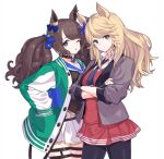  2girls ;o animal_ears black_pantyhose blonde_hair blue_eyes blue_ribbon brown_hair cowboy_shot crossed_arms dress ear_ribbon gold_city_(umamusume) green_jacket grey_jacket hair_ribbon hand_in_pocket horse_ears horse_girl jacket long_hair looking_at_viewer multiple_girls necktie one_eye_closed open_clothes open_jacket pantyhose red_dress ribbon simple_background tosen_jordan_(umamusume) twintails umaguti umamusume white_background 