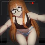  1girl absurdres ahoge black_tank_top blunt_bangs breasts brown_hair crop_top english_commentary glasses groin highres long_hair lucky_zero navel orange_hair outstretched_arms paid_reward_available panties parted_lips persona persona_5 purple_eyes recording sakura_futaba selfie small_breasts solo striped striped_panties tank_top thighs underwear very_long_hair viewfinder 