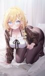  1girl all_fours blonde_hair blue_eyes breasts casual cleavage deyui glasses hair_ornament hairclip highres hololive large_breasts monocle_hair_ornament on_bed pantyhose round_eyewear short_hair solo sweat virtual_youtuber watson_amelia 