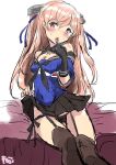  artist_name bed black_panties black_skirt black_thighhighs blue_shirt breasts brown_eyes cleavage clothes_lift feet_out_of_frame finger_to_mouth fuji_(pixiv24804665) garter_straps highres johnston_(kancolle) kantai_collection light_brown_hair long_hair medium_breasts off_shoulder panties pleated_skirt sailor_collar school_uniform serafuku shirt side-tie_panties skirt skirt_lift thighhighs tongue tongue_out two_side_up underwear 