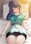  1girl absurdres black_shorts blush breasts closed_eyes collarbone crop_top green_shirt green_skirt highres large_breasts link!_like!_love_live! long_hair love_live! on_bed otomune_kozue parted_lips pillow purple_hair pussy pussy_peek shirt short_sleeves shorts side_ponytail sidelocks skirt sleeping solo steam sweat upper_body zanpon 