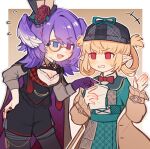  16m_(c16mmmm) 2girls black_headwear blonde_hair blue_eyes blush bow bowtie breasts brown_jacket cleavage commentary deerstalker dress green_dress hair_rings hand_on_own_hip hat head_wings heterochromia highres jacket monocle multiple_girls nijisanji nijisanji_en open_clothes open_jacket paper pomu_rainpuff pomu_rainpuff_(4th_costume) purple_eyes purple_hair purple_wings red_bow red_bowtie red_eyes selen_tatsuki selen_tatsuki_(4th_costume) smile sweat symbol-only_commentary top_hat virtual_youtuber wings 