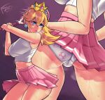  1girl bare_legs blonde_hair blue_eyes breasts cameltoe crown dracksart earrings eyelashes food food_print fruit hair_between_eyes highres jewelry large_breasts lips mario_(series) mario_tennis midriff multiple_views mushroom_print navel panties parted_lips peach pink_skirt ponytail princess_peach purple_background racket signature simple_background skirt skirt_flip sleeveless sportswear steam super_mushroom sweat swinging tank_top tennis_racket tennis_uniform thighs underwear white_tank_top 