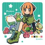  1girl :d ^_^ artist_name black_sleeves blush boots border brown_eyes budew character_name cherubi closed_eyes colored_skin commentary_request cross-laced_footwear gardenia_(pokemon) green_background green_footwear green_shawl green_skin highres kokashiho leaf medium_hair open_mouth orange_hair pink_skin pokemon pokemon_(creature) pokemon_(game) pokemon_dppt roserade simple_background smile solid_oval_eyes turtwig white_border 