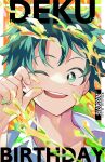  1boy birthday boku_no_hero_academia bright_pupils character_name collarbone collared_shirt colored_eyelashes commentary_request fingernails foreground_text freckles green_eyes green_hair halftone hand_up happy highres looking_at_viewer male_focus midoriya_izuku one_eye_closed open_collar open_mouth orange_background outside_border paint paint_stains pillarboxed pixiv_id pixiv_logo portrait round_teeth shirt short_hair smile solo splashing teeth text_focus timestamp twitter_logo twitter_username ume_(326310) upper_teeth_only white_pupils wing_collar 