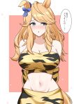  1girl alternate_costume animal_ears arms_behind_back arn7 bare_shoulders blonde_hair blue_bow blue_eyes bow breasts commentary_request gold_city_(umamusume) groin highres horse_ears large_breasts long_hair looking_at_viewer midriff navel parted_lips skirt skirt_set solo speech_bubble stomach strapless tiger_stripes translation_request tube_top umamusume upper_body yellow_skirt 