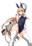  1girl animal_ears ass_visible_through_thighs bare_shoulders blonde_hair blue_archive blue_eyes blue_hairband blue_leotard breasts commentary_request fake_animal_ears gun hair_ornament hairband halo hand_up highleg highleg_leotard highres holding holding_gun holding_weapon large_breasts leotard parted_lips playboy_bunny rabbit_ears simple_background solo thighhighs thighs toki_(blue_archive) toki_(bunny)_(blue_archive) tokiwa_midori_(kyokutou_funamushi) weapon white_background white_thighhighs wrist_cuffs 