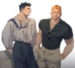  2boys absurdres bara collared_shirt feet_out_of_frame goatee_stubble highres large_pectorals looking_at_another loose_necktie male_focus mature_male multiple_boys muscular muscular_male necktie orange_hair original pants pectoral_cleavage pectorals seductive_smile shirt short_hair shy sideburns sideways_glance smile sparse_stubble standing sunglasses sweatdrop thick_eyebrows ttn_(239_239) veins veiny_arms yaoi 