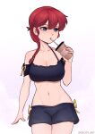  1girl absurdres arm_at_side artist_name bare_shoulders black_bra black_shorts blue_eyes bra braid breasts cleavage coffee_cup collarbone cup disposable_cup drinking drinking_straw drinking_straw_in_mouth frilled_bra frills hair_between_eyes highres holding holding_cup large_breasts long_hair looking_to_the_side midriff navel off-shoulder_shirt off_shoulder ranma-chan ranma_1/2 red_hair satelyte shirt shorts side-tie_shorts solo standing underwear 