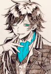  1boy absurdres aqua_eyes biting black_jacket blue_neckerchief formal glove_biting gloves highres jacket long_sleeves looking_at_viewer male_focus neckerchief nie3nie3 niimura_kou okami_game_(werewolf) short_hair solo suit teeth vest white_gloves 