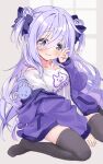  1girl absurdres amamiya_shizuku_(hizuki_yayoi) animal animal_ears animal_hood bare_shoulders blue_bow blue_eyes blue_hair blue_jacket blush bow chinchilla_(animal) collarbone commentary_request double_bun fake_animal_ears grey_thighhighs hair_between_eyes hair_bow hair_bun hand_up highres hizuki_yayoi hood hood_down hooded_jacket jacket long_hair long_sleeves looking_at_viewer no_shoes off_shoulder original parted_lips puffy_long_sleeves puffy_sleeves shirt sitting sleeves_past_wrists solo thighhighs two_side_up v very_long_hair wariza wavy_mouth white_shirt window 