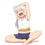  1girl alternate_costume armpits arms_up bangs bare_shoulders barefoot blush breasts closed_eyes collarbone commentary_request fang fangs grey_hair hair_between_eyes hands_up long_hair medium_breasts mononobe_no_futo navel no_headwear open_mouth ponytail purple_shorts shadow shirosato shirt shorts simple_background sitting sleeveless sleeveless_shirt solo t-shirt teeth tongue touhou v-shaped_eyebrows white_background white_shirt 