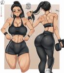  1girl absurdres almualim back black_hair blue_eyes border breasts breath choker cleavage clothes_pull collarbone dumbbell earrings english_commentary english_text gym_shorts gym_uniform hand_in_own_hair heart highres hoop_earrings jewelry large_breasts lips multiple_views muscular muscular_female nico_robin one_piece pants parted_lips patreon_username ponytail shorts shorts_pull signature simple_background sparkle sports_bra stomach sweat tan thighs track_pants very_sweaty white_border 