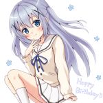  1girl blue_eyes blue_hair blush bow bowtie cassis_(orleans13x) gochuumon_wa_usagi_desu_ka? hair_between_eyes hair_ornament happy_birthday kafuu_chino kafuu_chino&#039;s_school_uniform light_blue_hair long_hair looking_at_viewer school_uniform serafuku smile solo x_hair_ornament 