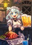  1girl apron barmaid beer_mug black_bow black_bowtie blue_eyes bow bowtie breasts cleavage cup dirndl food german_clothes grey_hair highres maid_headdress mug open_mouth original pixel_art puffy_short_sleeves puffy_sleeves shibairo short_sleeves solo swept_bangs waist_apron white_apron 