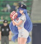  1boy 1girl alternate_costume baseball_cap baseball_mitt baseball_uniform blue_eyes blue_hair boku_no_hero_academia day dismaiden hadou_nejire hat highres long_hair outdoors shirt shorts solo_focus sportswear white_shirt white_shorts 