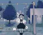  1girl beret blue_theme building closed_eyes collared_shirt flower hat hatoba_tsugu highres kirby kirby_(series) long_sleeves lying monochrome on_side outdoors reitoubeef shirt shoes sitting skirt suspender_skirt suspenders swing swing_set tree tsugu_(vtuber) virtual_youtuber 