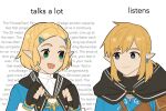  1boy 1girl blonde_hair blue_eyes blush braid cape crown_braid earrings fingerless_gloves gloves green_eyes hair_ornament hairclip jewelry link maji_(majibomber) parted_bangs pointy_ears princess_zelda short_hair sidelocks solo talking the_legend_of_zelda the_legend_of_zelda:_tears_of_the_kingdom 