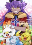  0tz026 1boy anniversary cape champion_uniform commentary_request copyright_name crossed_arms dark-skinned_male dark_skin dated facial_hair fur-trimmed_cape fur_trim gloves grin grookey hat highres leon_(pokemon) long_hair looking_at_viewer male_focus pokemon pokemon_(game) pokemon_swsh purple_hair red_cape scorbunny shield_print shirt smile sobble starter_pokemon_trio sword_print teeth wristband yellow_eyes 
