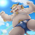  2023 anthro babe_bunyan balls_outline blush bovid bovine bulge cattle clothing cloud genital_outline hi_res kemono lifewonders male mammal overweight overweight_male penis_outline shinoda_hamazaki solo sun tokyo_afterschool_summoners underwear young 