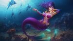  1girl bra coral detached_sleeves earrings fish highres jewelry jon_neimeister long_hair mermaid monster_girl official_alternate_costume purple_bra purple_hair purple_sleeves sea_nymph_sol smite sol_(smite) underwear 