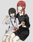  2girls bare_legs black_dress black_hair braid braided_ponytail chainsaw_man collarbone collared_shirt dress feet_out_of_frame finger_to_cheek grey_hair hair_over_shoulder highres holding_hands invisible_chair light_smile looking_at_viewer makima_(chainsaw_man) multiple_girls nayuta_(chainsaw_man) orange_hair pochita_(chainsaw_man) reincarnation ringed_eyes shiren_(ourboy83) shirt short_sleeves sidelocks simple_background sitting skirt smile white_shirt white_skirt 