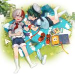  2boys :d aged_down all_might blanket blue_eyes blue_footwear blue_sailor_collar blue_shorts blurry blurry_foreground blush boku_no_hero_academia book bosack branch burn_scar character_name collared_shirt commentary crayon cross-laced_footwear fading freckles from_above full_body gradient_outline green_eyes green_hair grey_eyes hair_between_eyes happy hat hat_removed headwear_removed heterochromia holding_hands kneehighs leaf leg_up light looking_at_another looking_to_the_side lower_body lying male_child male_focus midoriya_izuku multicolored_hair multiple_boys necktie on_back on_ground on_stomach open_book open_mouth outdoors paper paper_airplane puffy_short_sleeves puffy_sleeves red_footwear red_hair red_necktie ribbon round_teeth sailor_collar sailor_hat scar scar_on_face shade shadow shirt shoe_soles shoes shoes_removed short_hair short_sleeves shorts single_horizontal_stripe single_vertical_stripe sky_print sleeve_cuffs smile sneakers socks split-color_hair summer sunlight teeth todoroki_shouto turning_head twitter_username two-sided_fabric two-sided_ribbon two-tone_hair upper_body white_background white_hair white_socks wing_collar wrist_ribbon 