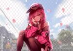  1girl absurdres azuukichan baseball_cap braid breasts chain-link_fence cherry_blossoms cleavage collarbone ear_piercing earrings fence hat head_on_hand highres hololive hololive_english jacket jewelry knees_up leggings long_hair looking_at_viewer mori_calliope off_shoulder piercing pink_eyes pink_hair pink_jacket side_braid single_braid virtual_youtuber 