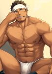  1boy abs bara brown_eyes brown_hair bulge chest_hair cigarette collarbone facial_hair fundoshi goatee grin hand_on_own_knee hand_up head_rest headband highres japanese_clothes large_pectorals looking_at_viewer male_focus male_underwear mouth_hold muscular muscular_male navel_hair nipples original pectorals scar scar_on_cheek scar_on_face short_hair sitting smile smoke smoking solo spiked_hair spread_legs stubble underwear zifu 