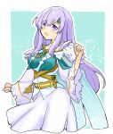  1girl alternate_costume cape circlet fire_emblem fire_emblem:_genealogy_of_the_holy_war fire_emblem_heroes green_cape jewelry julia_(fire_emblem) julia_(resplendent)_(fire_emblem) long_hair official_alternate_costume open_mouth purple_eyes purple_hair sash simple_background solo wide_sleeves yukia_(firstaid0) 