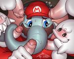  anthro balls blue_eyes blush clothed clothing elephant elephant_mario elephantid facial_hair genitals grey_body group hi_res male male/male mammal mustache oral oral_penetration penetration penis proboscidean sex white_body zi_ran 