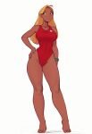 1girl absurdres ahoge barefoot blonde_hair breasts dark-skinned_female dark_skin english_commentary full_body green_eyes hand_on_own_hip highres large_breasts lifeguard lifeguard_(lilo_&amp;_stitch) lilo_&amp;_stitch long_hair one-piece_swimsuit raichiyo33 red_one-piece_swimsuit standing swimsuit thick_thighs thighs toes watch white_background wristwatch 