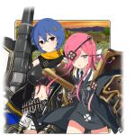  2girls :o amane_(senran_kagura) architecture armor bandolier belt_buckle black_jacket black_necktie blue_eyes blue_flower blue_hair blush bow breasts buckle building city cityscape cloud day east_asian_architecture emblem evening eyepatch field flat_chest flower flower_field forest grass gun hair_ornament hair_over_one_eye hand_in_pocket huge_weapon jacket japanese_armor kazakiri_(senran_kagura) large_breasts leather leather_jacket looking_at_viewer low_twintails midriff mountain mountainous_horizon multiple_girls multiple_hairpins nature navel necktie official_art open_mouth orange_sky outdoors pink_hair pink_tassel power_claw purple_tassel red_eyes scarf school_uniform senran_kagura senran_kagura_new_link shiny_skin shirt short_hair short_shorts short_twintails shorts shoulder_armor skirt sky skyline skyscraper sode standing suspenders tongue tree twintails weapon white_shirt yaegashi_nan 