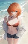  1girl absurdres artist_name beach bikini blue_shorts blunt_bangs bob_cut breasts brown_eyes highres jacket large_breasts looking_at_viewer mashiro_arts mcdonald&#039;s mother_(yoru_mac) navel ocean off_shoulder open_clothes open_jacket open_shorts orange_hair red_bikini short_hair shorts solo stomach swimsuit water white_jacket yoru_mac 