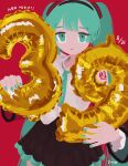  1girl 39 absurdres alternate_hairstyle aqua_eyes aqua_hair aqua_nails aqua_ribbon artist_name balloon black_hairband black_skirt character_name closed_mouth collared_shirt commentary_request cowboy_shot dated detached_sleeves english_commentary expressionless hair_ornament hairband happy_birthday hatsune_miku hatsune_miku_(nt) highres hime_cut holding holding_balloon jitome looking_at_viewer mixed-language_commentary neck_ribbon number_tattoo pleated_skirt procreate_(medium) red_background ribbon see-through see-through_sleeves shirt shoulder_tattoo skirt sleeveless sleeveless_shirt solo tattoo twintails vocaloid wavy_eyes white_shirt wide_sleeves yuna_(the_boon_109) 