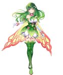  1girl alternate_costume bare_shoulders boots cape dress elbow_gloves fire_emblem fire_emblem:_mystery_of_the_emblem fire_emblem_heroes flower full_body gloves gradient_clothes green_eyes green_hair hair_flower hair_ornament highres long_hair non-web_source palla_(fire_emblem) saine short_dress sleeveless solo thigh_boots transparent_background 