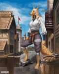  belt blonde_hair braces buckovskiart canid canine canis fantasy female fluffy fluffy_tail golden_jackal hair hi_res jackal mammal medieval smile solo standing tail yellow_body zilla_(airlea) 