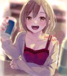  1girl asagao_minoru backlighting bare_shoulders blurry blurry_background bokeh bottle breasts brown_cardigan brown_eyes brown_hair camisole can cardigan character_name cleavage clenched_hand collarbone dated depth_of_field dot_nose dutch_angle elbow_rest fingernails hair_behind_ear hand_up happy happy_birthday holding holding_can indoors lace-trimmed_camisole lace_trim light_blush looking_at_viewer medium_breasts meiko_(vocaloid) open_cardigan open_clothes open_mouth red_camisole red_nails short_hair signature sleeves_past_wrists solo spaghetti_strap teeth upper_body upper_teeth_only vocaloid 