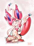  2023 2d_(artwork) anthro armwear balls big_balls big_penis blue_eyes bodily_fluids bow_(anatomy) clothing dripping eeveelution fur generation_6_pokemon genital_fluids genitals girly huge_balls huge_penis hyper hyper_balls hyper_genitalia hyper_penis leg_markings limette male markings nintendo pattern_armwear pattern_clothing penis pokemon pokemon_(species) precum precum_drip presenting presenting_penis ribbons_(anatomy) simple_background small_but_hung solo striped_armwear striped_clothing stripes sylveon tail throbbing_penis white_body white_fur 