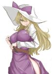  1girl absurdres arm_under_breasts belt blonde_hair bow breasts closed_mouth commentary_request cowboy_shot dress hair_between_eyes hair_over_one_eye hat hat_bow highres holding holding_stick kuraki large_breasts light_smile long_hair looking_at_viewer purple_bow purple_dress side_slit simple_background solo stick touhou very_long_hair watatsuki_no_toyohime white_background yellow_eyes 