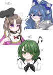  3girls :/ =3 antennae blue_eyes blue_hair brown_hair cropped_torso expressionless green_eyes green_hair hat highres long_hair multiple_girls nishida_satono purple_eyes short_hair short_hair_with_long_locks simple_background swept_bangs tate_eboshi touhou white_background wriggle_nightbug yagisan1578 yorigami_shion 