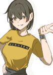  1girl black_hair clothes_removed fujisaki_(si_da) grin hand_on_own_hip hiryuu_(kancolle) kantai_collection official_alternate_costume shirt short_hair smile solo upper_body watch wristwatch yellow_eyes yellow_shirt 