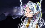  1girl capelet cloud earrings elf frieren glowing glowing_eyes grey_hair highres jewelry kimjdav lightning long_hair meme pointy_ears solo sousou_no_frieren twintails white_capelet you_should_kill_yourself_now_(meme) 