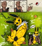  &lt;3 animal_genitalia animal_pussy black_pussy blep canine_genitalia canine_pussy cellphone charger comic dialogue duo eeveelution female feral generation_1_pokemon genitals hi_res human humor jolteon looking_at_viewer lying male mammal multi_nipple neck_tuft nintendo nipples on_back phone pokeball pokemon pokemon_(species) prince-vulpine pussy smartphone speech_bubble tongue tongue_out tuft 