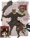  2023 anthro armor arrow_(weapon) biped black_body black_fur blonde_hair blood blood_on_face bodily_fluids bow_(weapon) brown_body brown_fur chainmail chest_wound claws dialogue digital_media_(artwork) digitigrade duo english_text fangs female finger_claws fur gnoll hair hi_res holding_object holding_sword holding_weapon hyena hyu hyucaze larger_female laugh male mammal melee_weapon open_mouth open_smile orange_eyes pauldron paws quiver ranged_weapon size_difference smaller_male smile sword tan_body tan_fur teeth text toe_claws weapon white_body white_fur wounded yellow_sclera 
