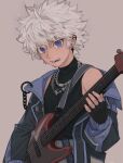  1boy black_shirt blue_eyes child commentary earrings english_commentary fingerless_gloves gloves guitar hoop_earrings hunter_x_hunter ik18166181ik instrument jacket jewelry killua_zoldyck looking_at_viewer male_focus messy_hair open_clothes open_jacket shirt simple_background solo upper_body 