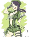  1girl bandeau belt black_hair blush bodypaint breasts camouflage cleavage clenched_hand collarbone cowboy_shot dated dog_tags fingerless_gloves gloves green_background green_belt green_eyes green_headwear green_jumpsuit grey_gloves hair_ornament hair_scrunchie hands_up hat idolmaster idolmaster_cinderella_girls idolmaster_cinderella_girls_starlight_stage jumpsuit large_breasts long_hair looking_at_viewer midriff motitoy navel open_mouth partially_unbuttoned ponytail print_shirt salute scrunchie shirt short_jumpsuit short_sleeves smile solo standing star_(symbol) star_print strapless strapless_shirt teeth thigh_strap upper_teeth_only yamato_aki 