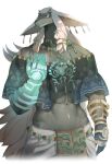  abs anthro clothed clothing ear_piercing fur grey_body grey_fur hair head_markings hi_res horn jewelry long_hair male mammal markings nintendo passionpit777 piercing rauru_(tears_of_the_kingdom) simple_background solo tears_of_the_kingdom the_legend_of_zelda white_hair zonai 